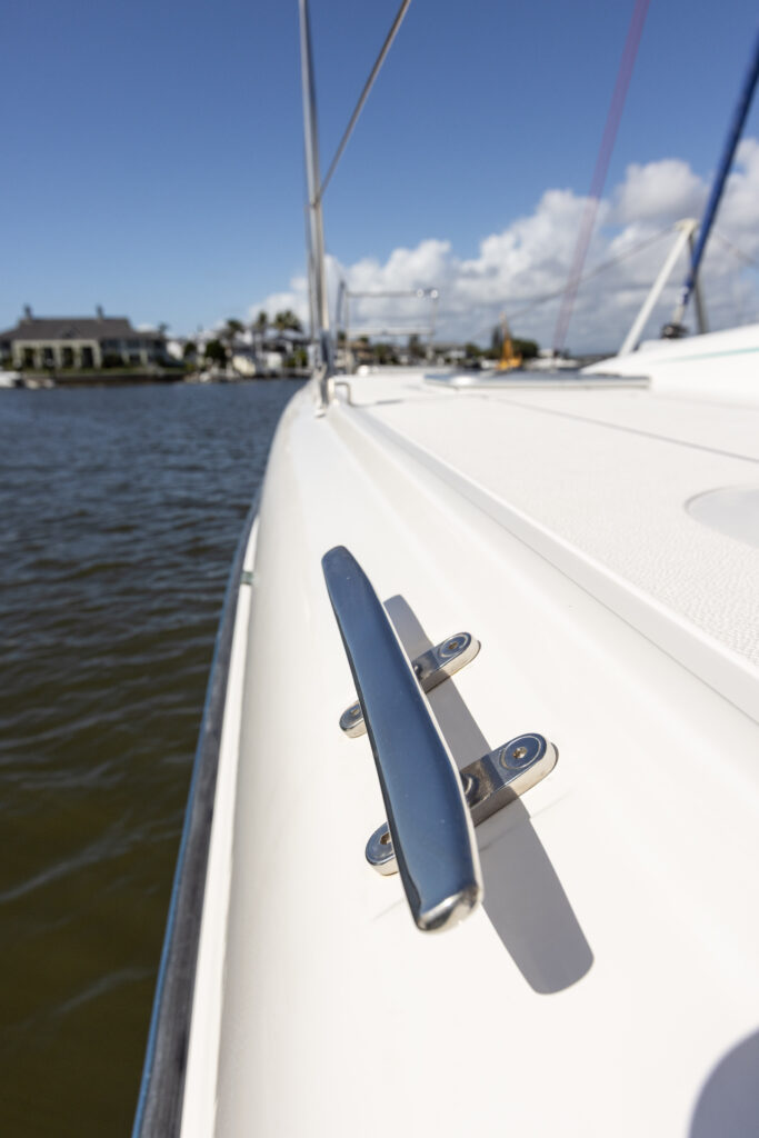 A deck cleat on Zoom, a 2009 St Francis 50 bluewater catamaran for sale by owner, highlighting how well maintained every part of the boat is
